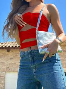 INAWLY Women's Summer Solid Color Hollowed-Out Strapless Top With 3D Flower Decor - Red - View 2