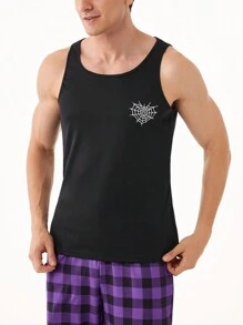 男士蜘蛛網印花圓頸無袖背心，全季節適用