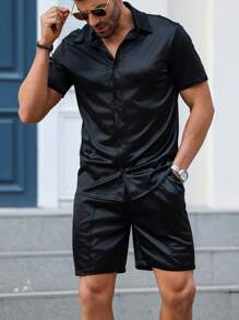 Manfinity Homme Men's Solid Color Button-Down Short Sleeve Shirt And Pocketed Shorts Summer Casual Outfit - Black - View 3