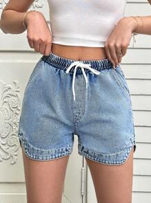 RueChic Rigid Elastic Band Detailed Mini Denim Short - Light Wash - View 6
