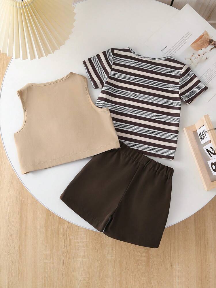 3pcs/Set Baby Boys' Fashionable Casual Knitted Stripe Short Sleeve T-Shirt, Zipper Vest And Woven Shorts, Summer Outfits