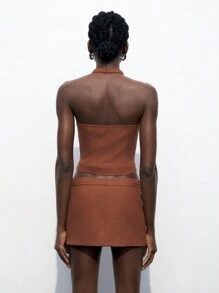 Maija 2pcs Brown Back To School Outfit For Women, Simple Solid Color Cold-Shoulder Top And Mini Skirt Set