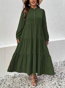 SHEIN LUNE Đầm dài tay màu trơn đơn giản hàng ngày cỡ lớn cho nữ - xanh quân đội - Xem 5