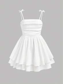 SHEIN Girlism 泡泡皺紋雙層裙搭配背心洋裝，適合青少女 - 白色 - 查看 5