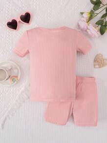 Girls' Pink Solid Color Snug Fit Short Sleeve T-Shirt And Shorts Set, Home Clothes