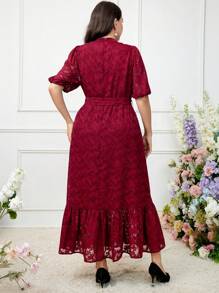 Modelyn Burgundy Red Plus Size Elegant Cutout Flower Puff Sleeve Dress - Burgundy - View 4