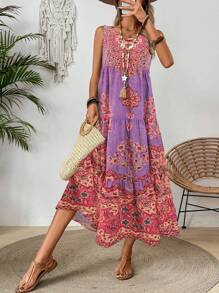 Breezaya Casual Vacation Print Ruffle Hem Sleeveless Dress Maxi Vacation Beach Outfits Women - Pink - View 5