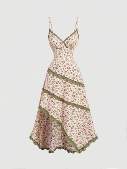 SHEIN MOD Women's Fairycore V-Neck Floral Lace Trimmed Natural Style Dress,Midi Women Dresses,Summer Dress