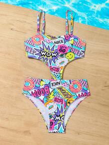 Tween Girl One Piece Printed Swimsuit, Random Summer Holiday - Multicolor - View 4