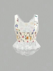Tank Top in Form eines Fischgrätenmusters mit zierlicher Blumenmuster für Teenager-Mädchen im Urlaub