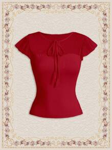 Vintamour Camiseta de manga acampanada con cuello redondo, panel de malla y lazo, ropa de verano, atuendos sexys para salir, blusa roja