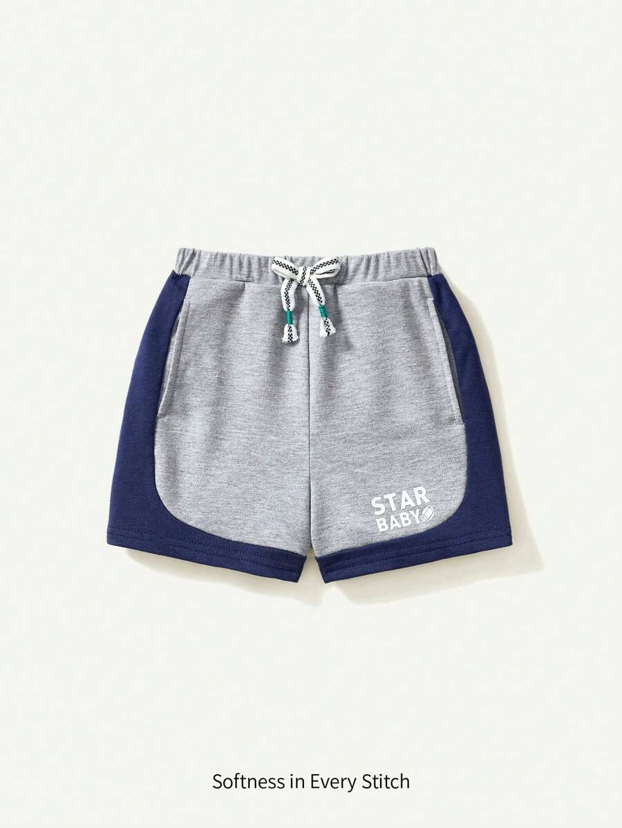 Cozy Pixies Quần short bé trai in chữ và thắt lưng trang trí tương phản - Màu Xám nhạt - Xem 1