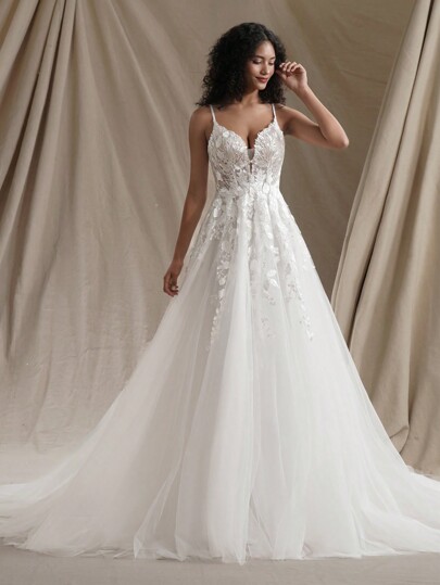 Women's Floral Embroidered Mesh Maxi Elegant Bridesmaid Dress Wedding Bridal Dress