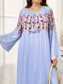 Seusyu Plus Size Loose Casual Round Neck Printed Bell Sleeve Dress - Blue - View 5