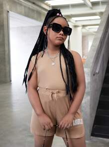 SHEIN Body pentru fete Tween, mărime extinsă, din tricot, de culoare solidă, cu pantaloni scurți din tricot largi 2 buc/Set ținută casual