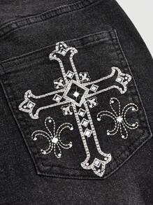 ROMWE Goth Plus Size Cross Embroidery Flare Jeans, School - Black - View 2