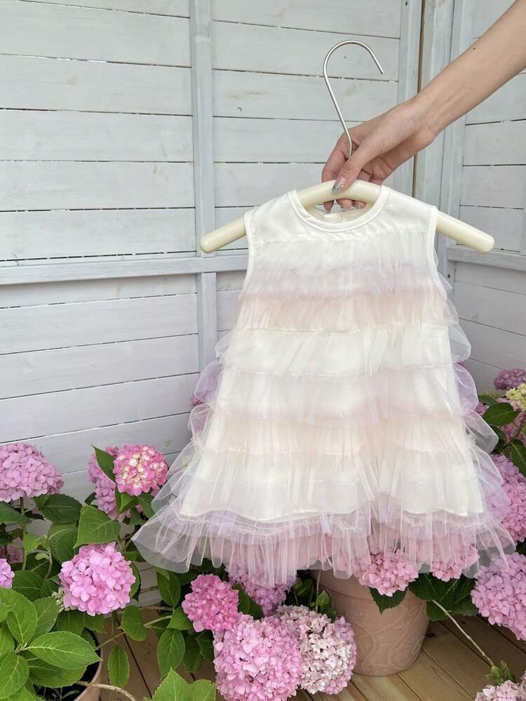 Fashionable Baby Girls' Sleeveless Round Neck Multi-Layered Cake Dress