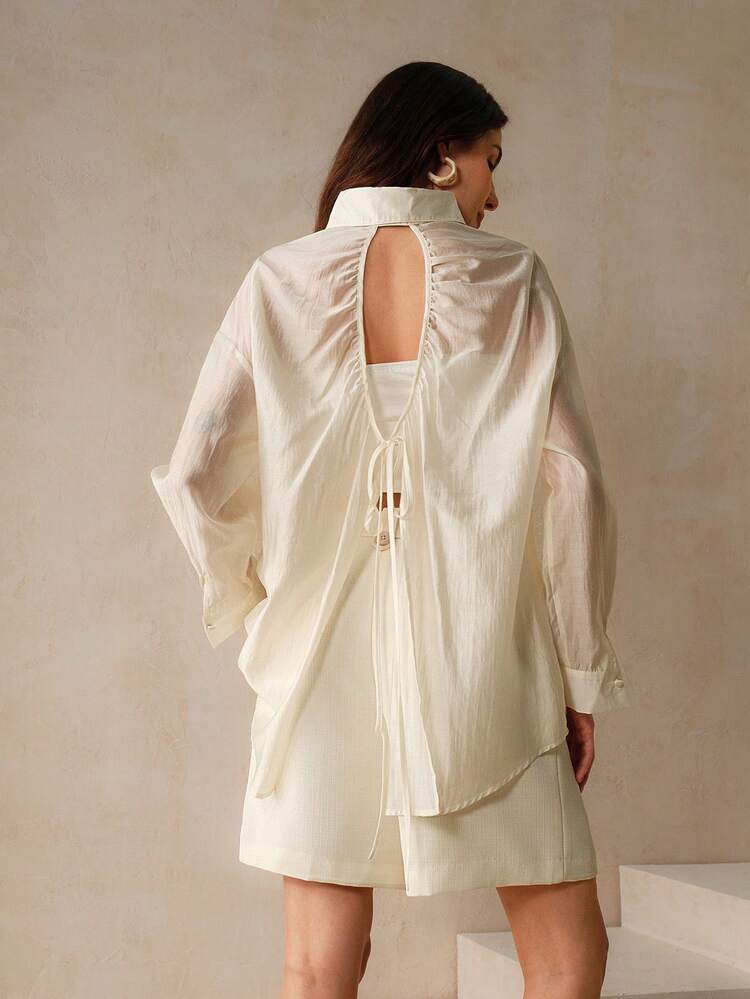 Women's Spring Summer Solid Color Back Hollow Out Design Loose Casual Long Sleeve Shirt With Lace-Up