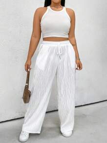 Flirla Plus Size Solid Color Casual Knitted Striped Texture Pants Fall Cloth For Women