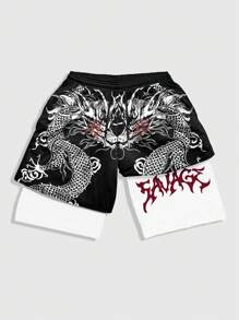 ROMWE MEN Street Life Men's Dragon Printed Breathable Basketball Shorts, 2 In 1 Design, Spring/Summer, School - Black - View 1