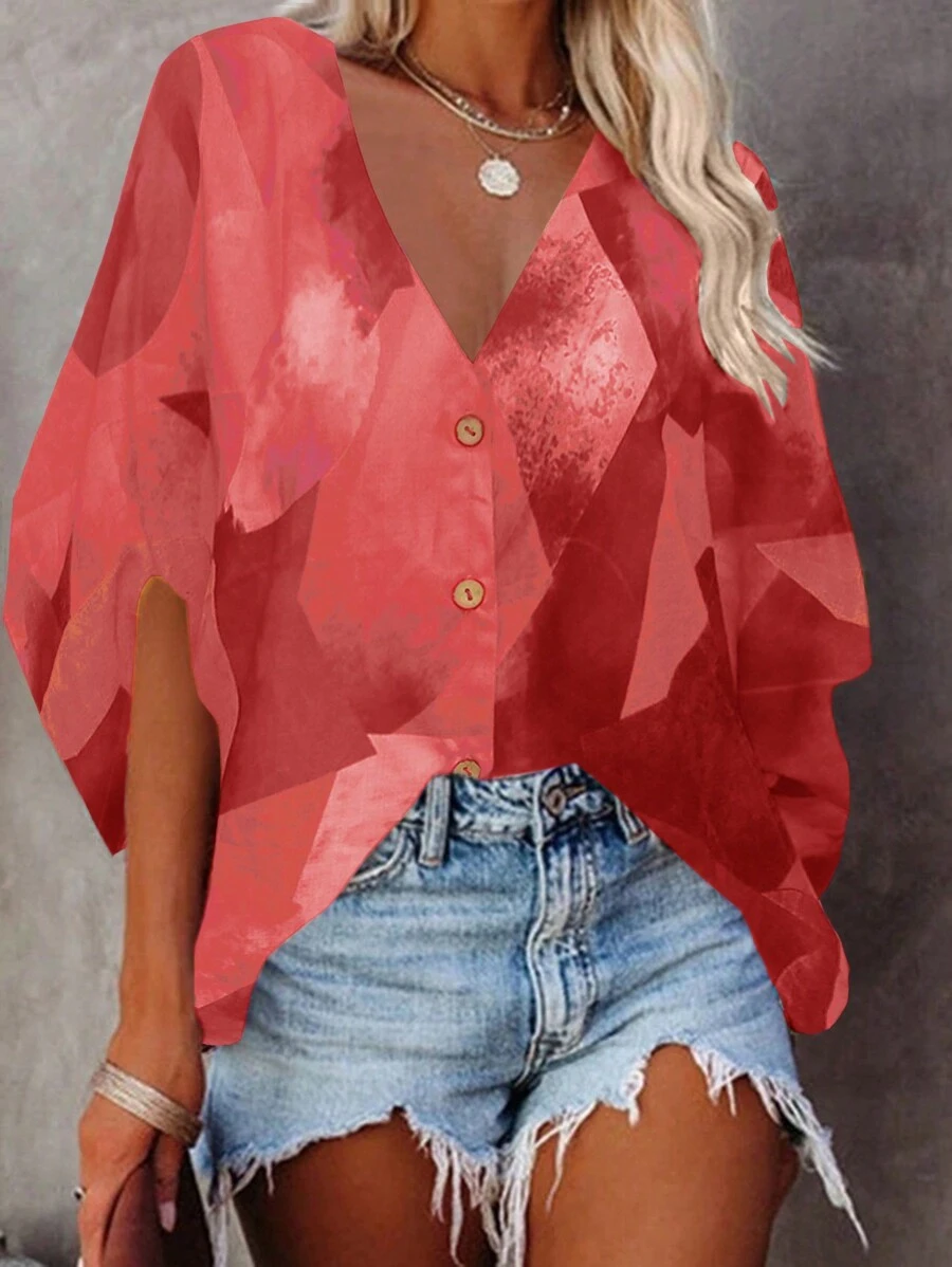 SHEIN LUNE Sommerliches Freizeithemd mit Knopf-Details und Kontrastfarben am V-Ausschnitt