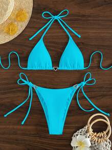 Swim SXY Women's Solid Color Halter Tie Sexy Bikini Set For Summer Beach - Blue - View 3
