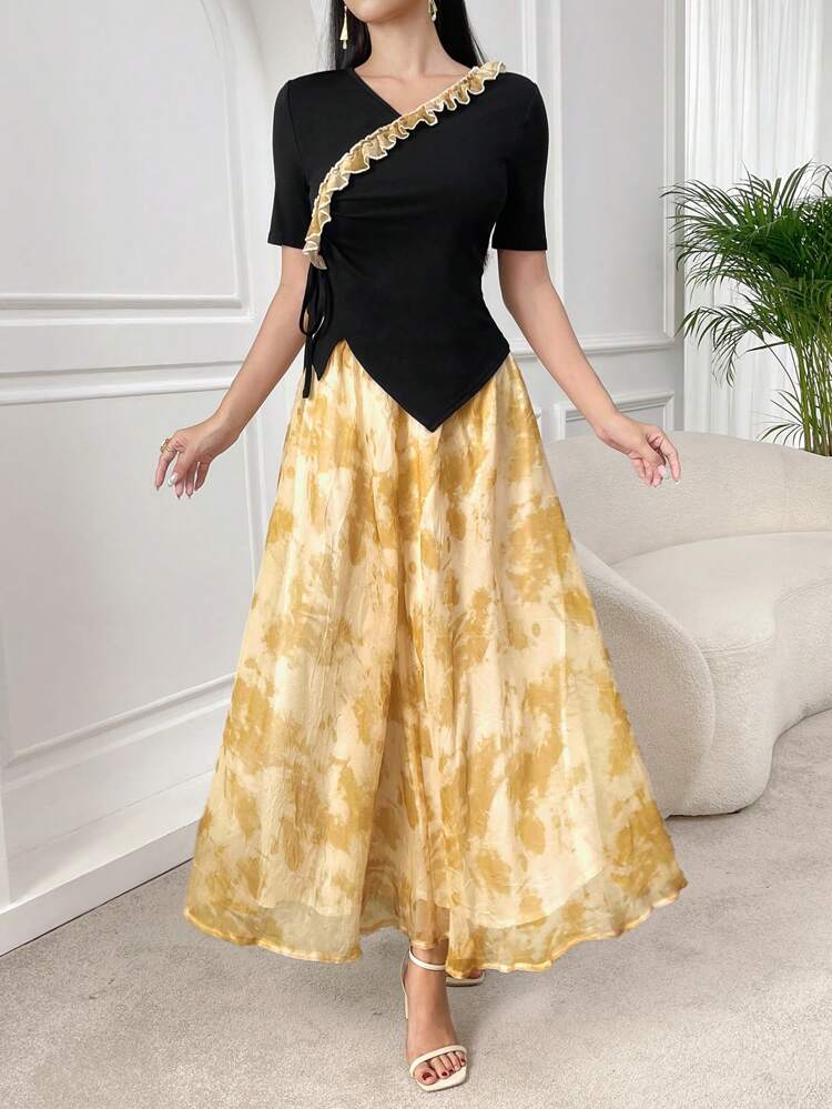 Women's Ruffle Hem Asymmetrical Short Sleeve T-Shirt And Printed Skirt Set