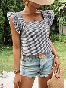 SHEIN VCAY Camisa de cuadros con mangas de gorra, escote cuadrado, ajuste regular para mujer, ideal para vacaciones