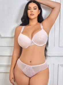 DesireSculpt Set de 2 sujetadores con aros y copas moldeadas, de encaje de pestañas y malla de color rosa, talla grande, lencería