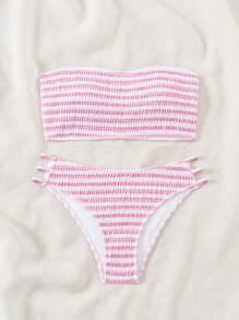 Swim Mod Women's Summer Beach Stripe Strapless Bikini Set With Random Printed Pattern - Pink - View 3