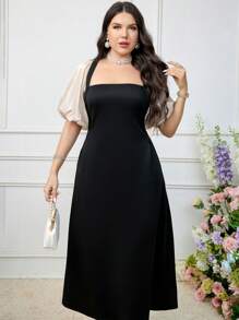Modelyn 大码女式简约拼色泡泡袖连衣裙，优雅晚会礼服 - 彩色 - 查看 6