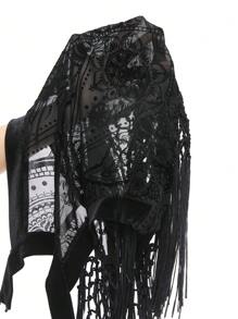 ROMWE Goth Women's Sexy Vacation Style Vintage Floral Flocking Tassel Tank Top - Black - View 8