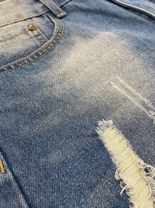 Quần short denim rách hiệu ứng ria mép cho nam - Rửa trung bình - Xem 6