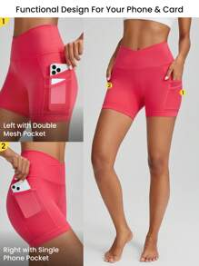 GLOWMODE 4.3" FeatherFit™ Mesh Crossover Biker Shorts Light Support Yoga Pilates Studio Gym Daily - Tropical Pink - View 3