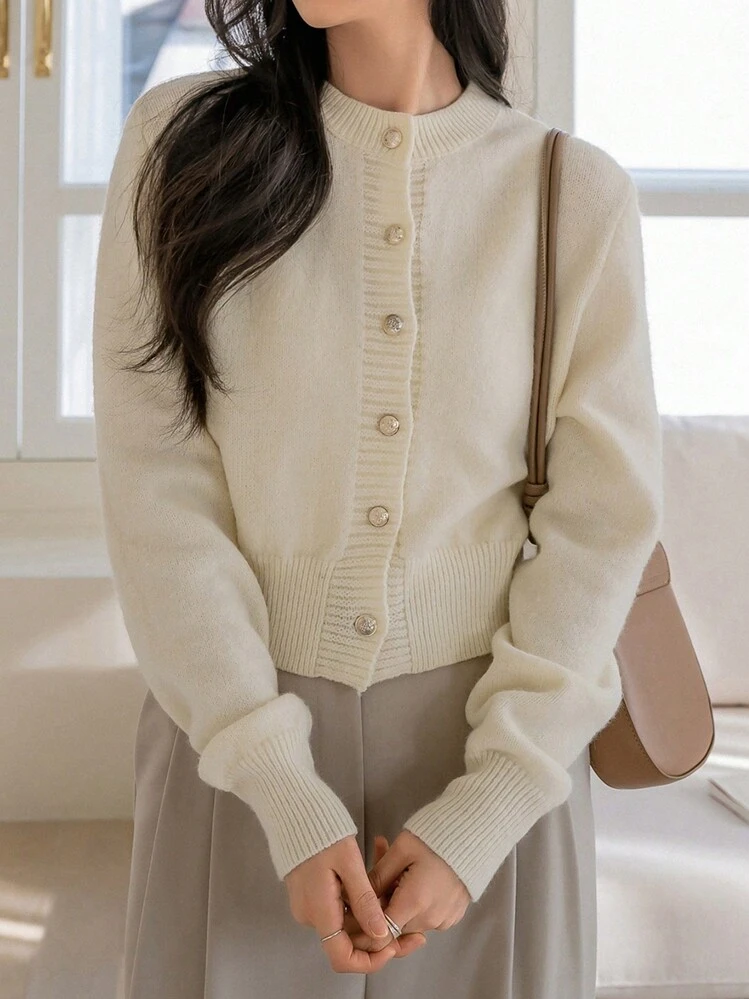 Dazy-Less Casual Versatile Solid Color Cardigan, Autumn/Winter - Beige - View 1