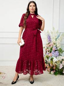Modelyn Burgundy Red Plus Size Elegant Cutout Flower Puff Sleeve Dress - Burgundy - View 6