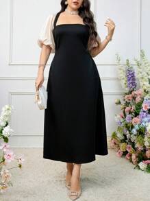 Modelyn 大码女式简约拼色泡泡袖连衣裙，优雅晚会礼服 - 彩色 - 查看 8