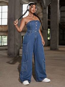 SHEIN EZwear Bộ áo liền quần denim cỡ lớn màu xanh lam, dáng rộng vừa vặn tổng thể - Màu xanh lam - Xem 2