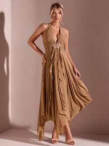 SHEIN BAE Vestido de playa de unicolor con cuello de corbata y abertura alta fruncida, para vacaciones de verano - Caqui - Ver 5