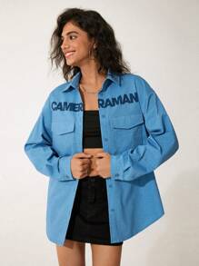 GAWX 艺术家女士长款宽松 Polo 领衬衫，秋季，适合秋冬季、节日、感恩节、度假、节日 - 藍色 - 查看 2