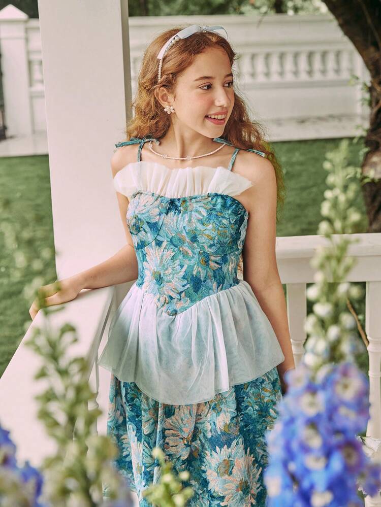 Teen Girl Floral Print Spaghetti Strap Mesh Contrast Vintage Dress