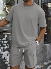 Manfinity Homme Men's Plus Size Summer Solid Color Round Neck Short Sleeve Casual T-Shirt And Drawstring Waist Shorts Set - Grey - View 1