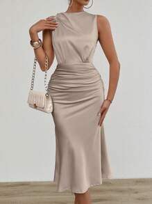 RosyDaze Vestido elegante de verano para mujer de unicolor con cintura fruncida, falda de cola de pez sin mangas, vestido maxi de satén para mujer