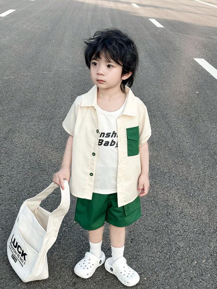 3pcs Baby Boys' Collared Shirt, Vest And Shorts Set Summer Outfit