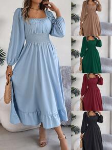 Real Shot Elegant V-Neck Cinched Waist Ruffle Hem Dress For Spring/Summer - Black - View 1