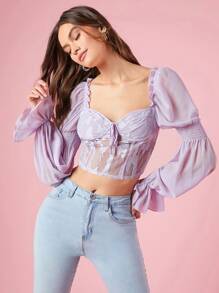 Enchnt 女款蕾絲拼接短版衫 - 淡紫色 - 查看 5