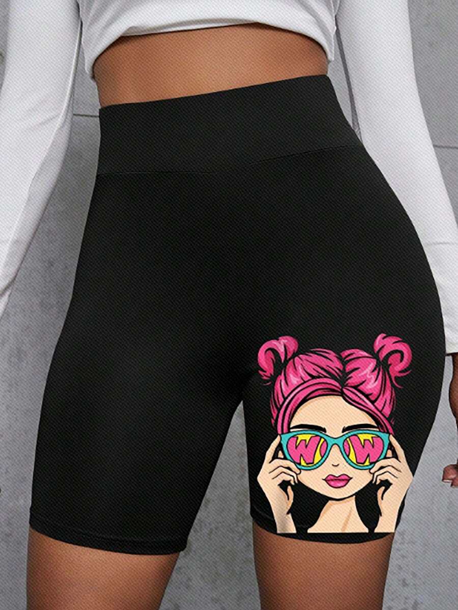 Teen Girls' Seamless High Waist Cartoon Printed Summer Shorts - Black - View 1