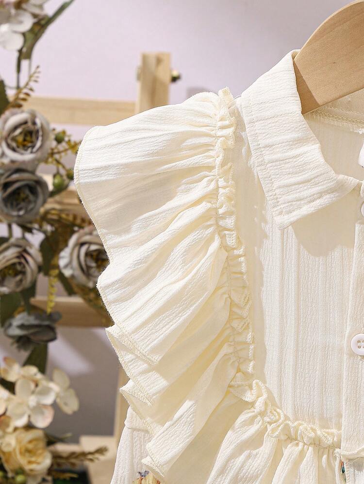 Baby Girl Summer New Casual Elegant Vintage Style Dress With Ruffle Collar, Front Button Closure & Floral Digital Print