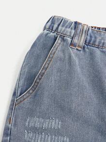 TEEN GIRL Y2K Vintage Streetwear Cool Wide-Leg Denim Shorts With Washed Elastic Waist, Frayed Hem And Distressed Details - Light Wash - View 3