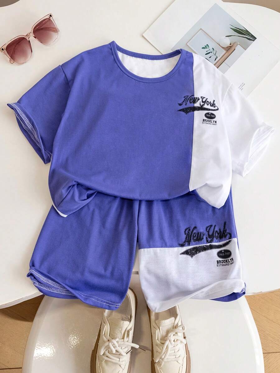 Ensemble de 2 pièces pour garçon adolescent: T-shirt à manches courtes et short d'été décontracté avec impression de lettre - Prune - Voir 1